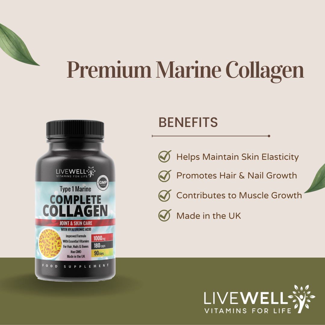 Collagen Tablets – 1000mg Marine Collagen Capsules | Vitamin C, E & B2 | UK Made