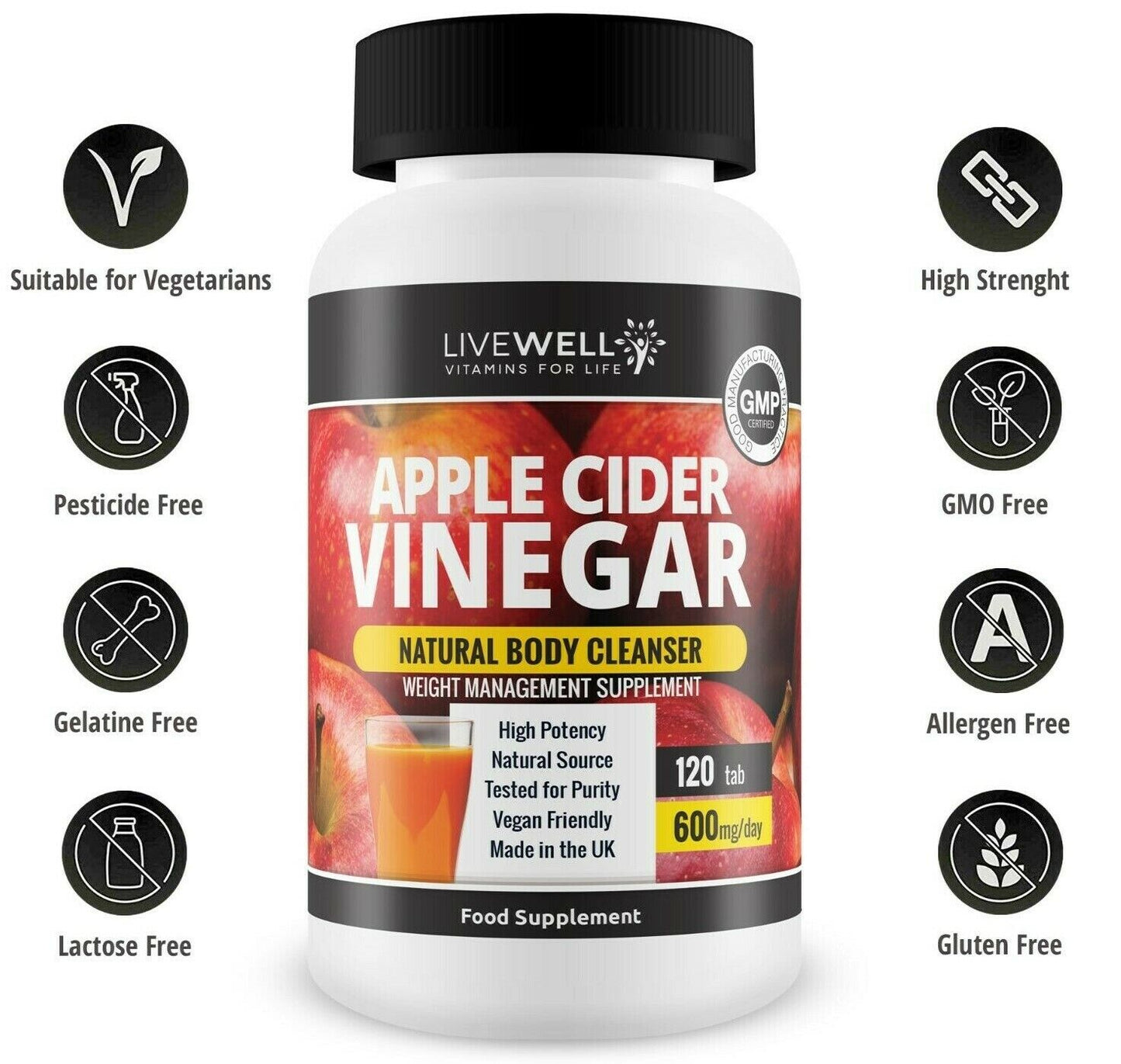Apple Cider Vinegar 600mg 120 Tablets – GMP – UK Made – Mother – Weight Loss