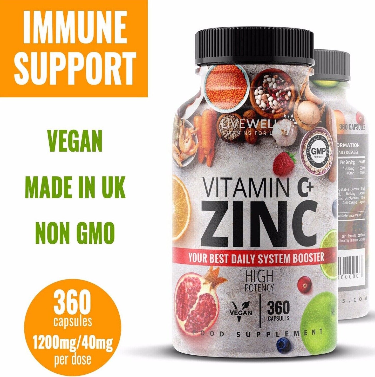 Vitamin C 1200mg + Zinc 40mg Capsules / Tablets - Immune Support – Vegan UK