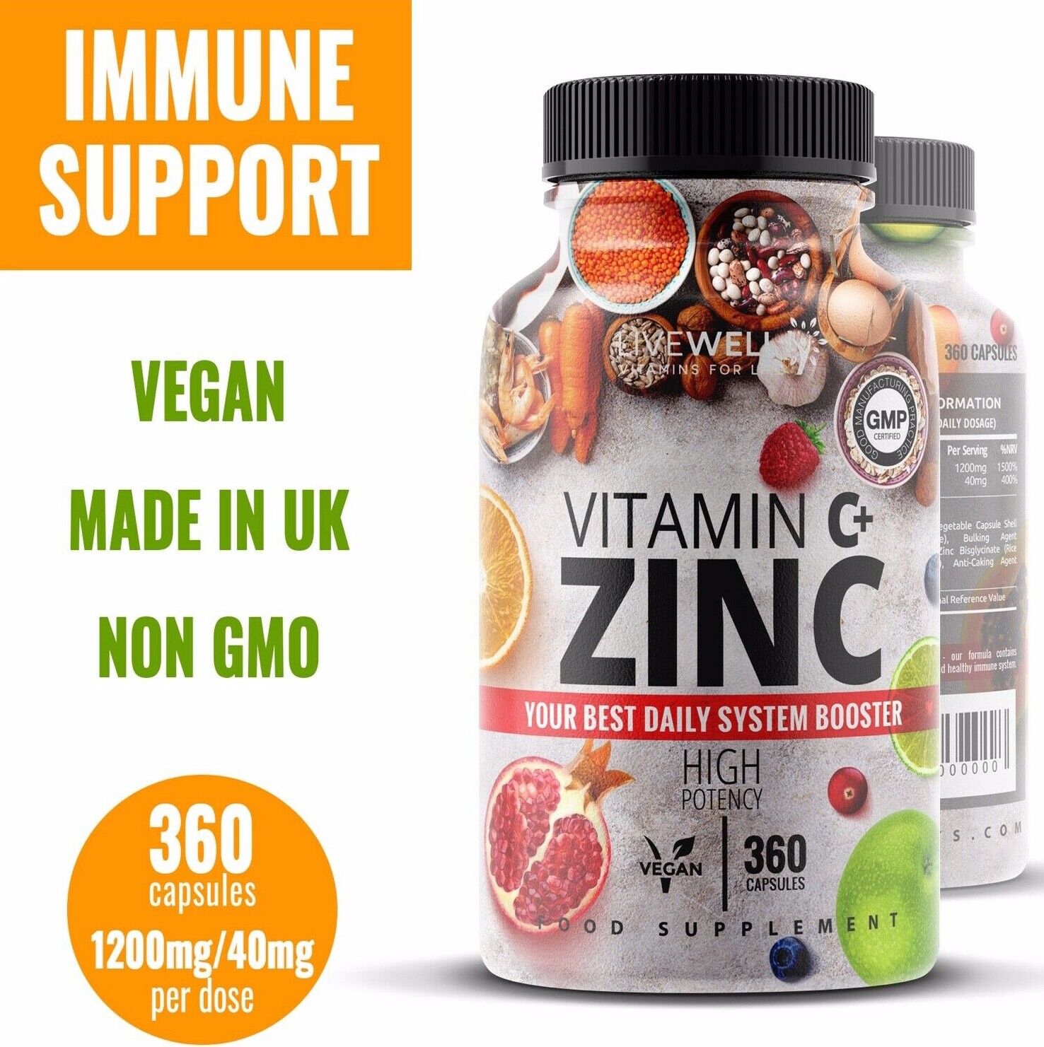 Vitamin C 1200mg + Zinc 40mg Capsules / Tablets - Immune Support – Vegan UK