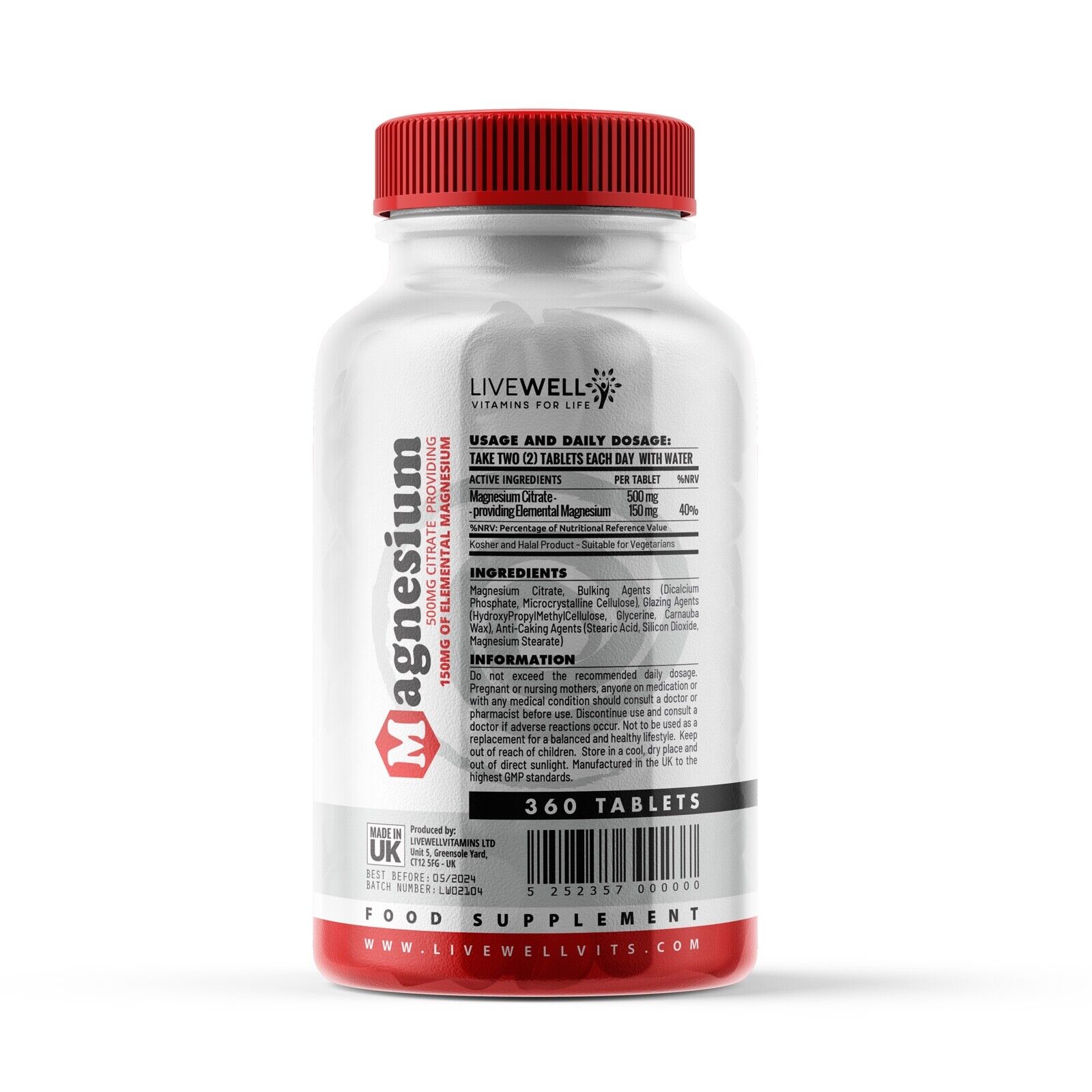 Magnesium Citrate 360 Vegan Tablets | Muscle Function Fatigue Tiredness capsules
