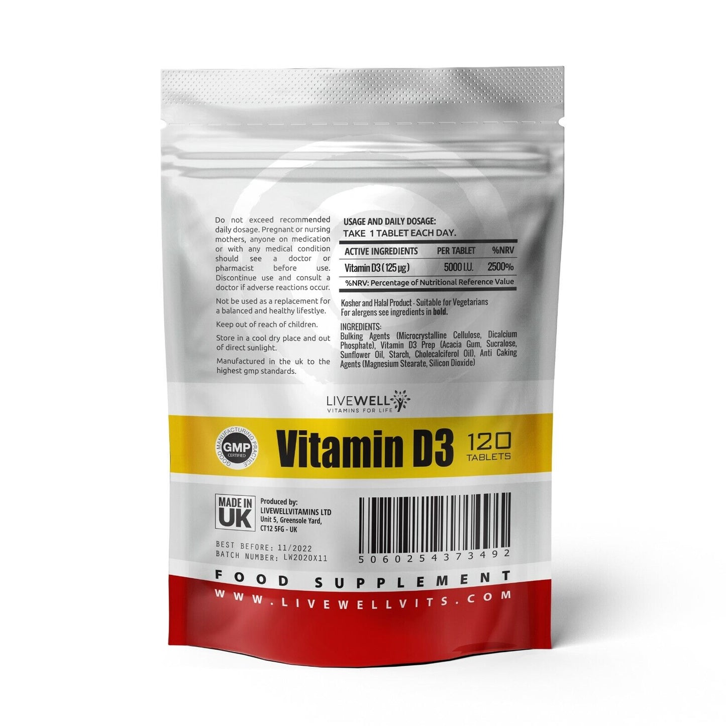 Vitamin D Vit D3 5000IU 120 Tablets - Immune System Support Vegan - Capsules