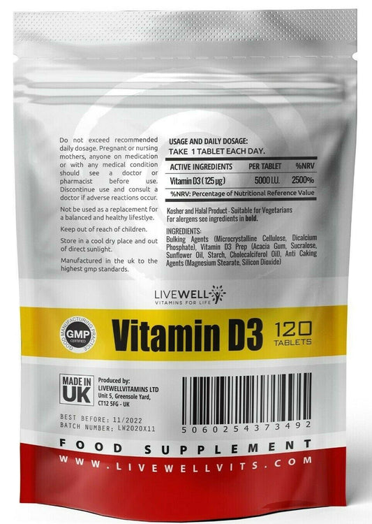 Vitamin D Vit D3 5000IU 120 Tablets - Immune System Support Vegan - Capsules