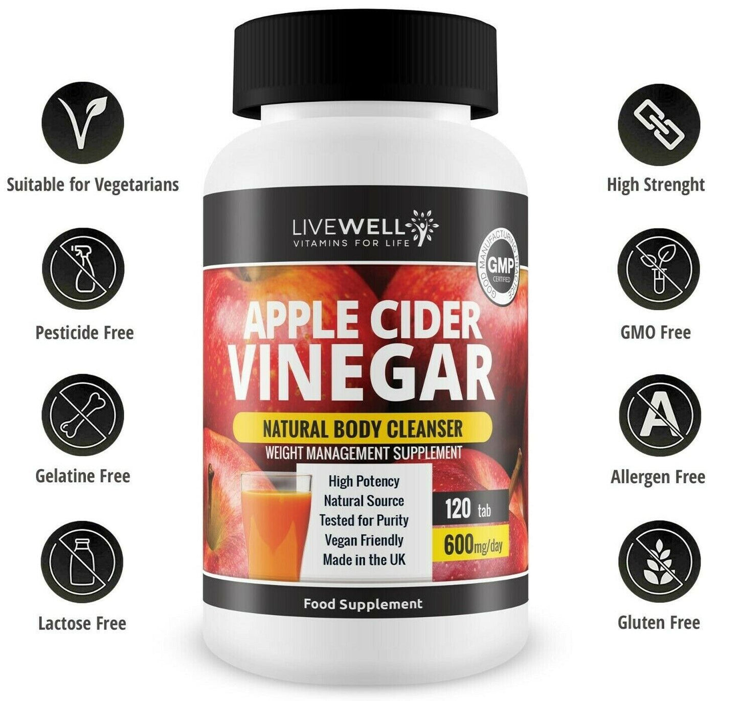 Apple Cider Vinegar 600mg 120 Tablets – GMP – UK Made – Mother – Weight Loss 